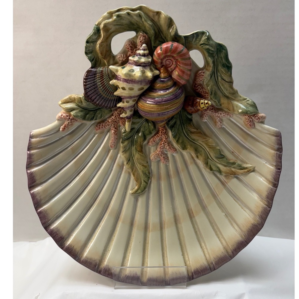 Fitz and Floyd Classics Shell Plate Ceramic Coastal Decor 3D Coral Scallop 10in